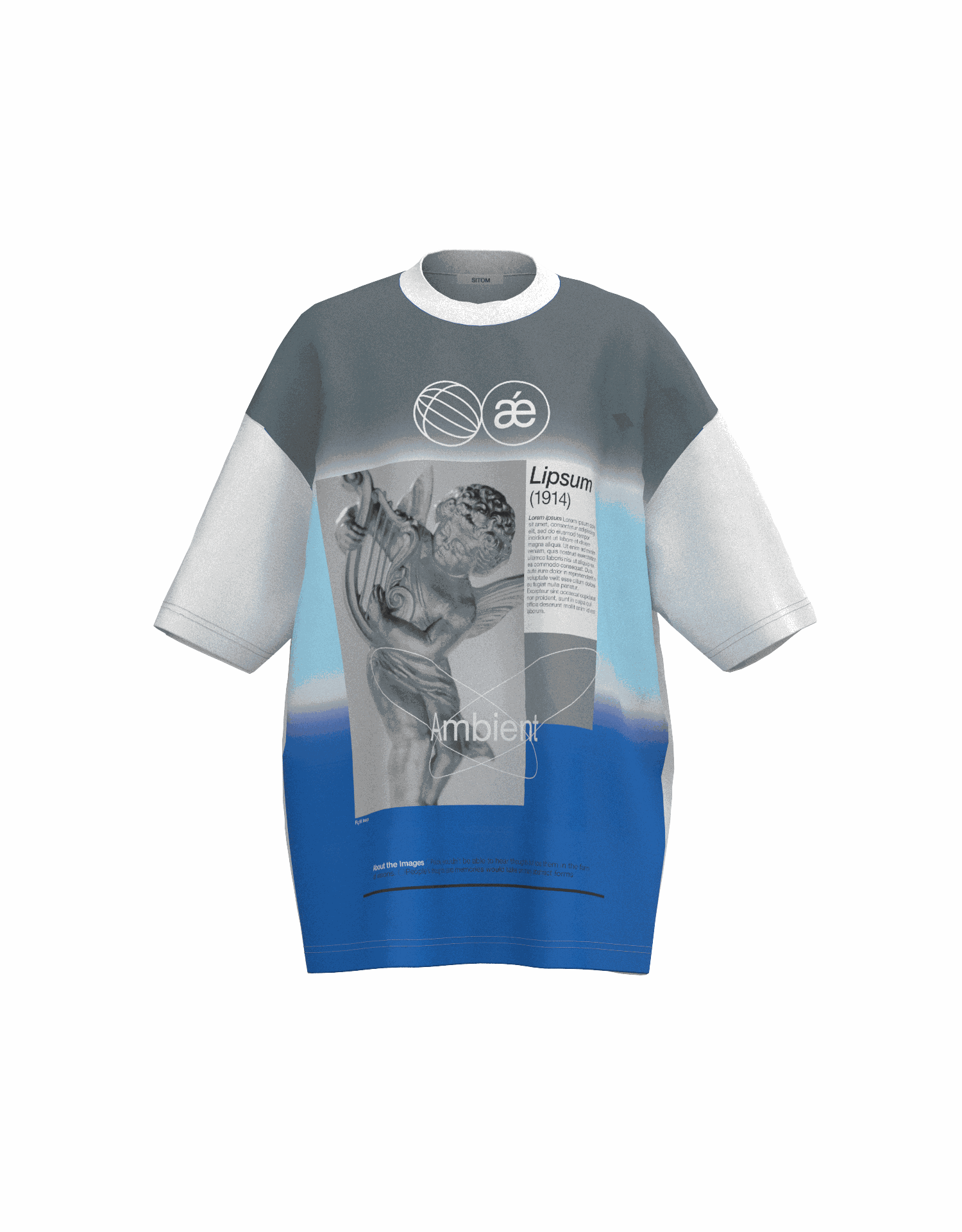 オーバーサイズで立体的な肩の日本製グラフィックTシャツ、Morio Deguchiデザイン、ポリエステル100%素材の吸水速乾機能付き