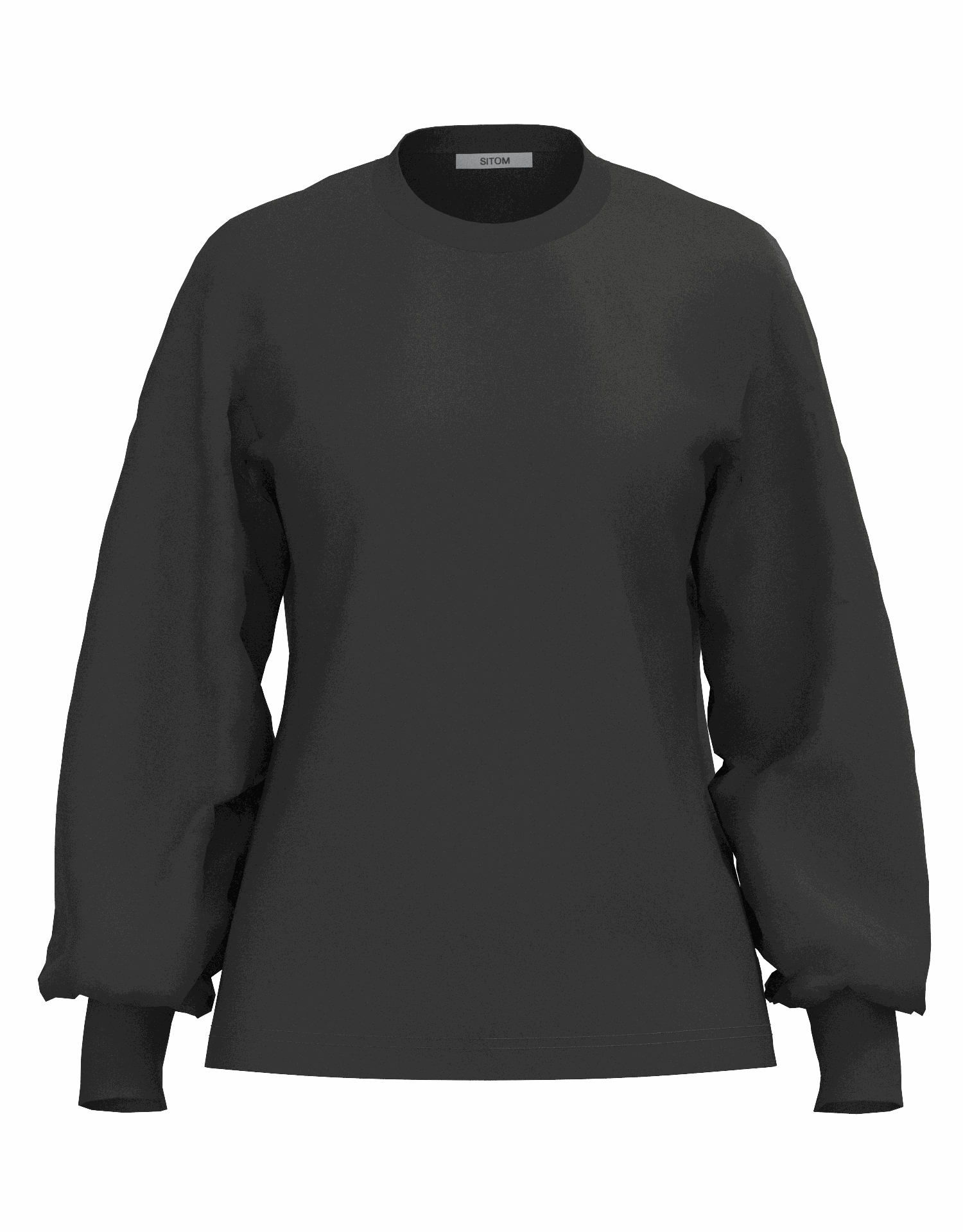 黒のパフスリーブTシャツ、袖口リブ付きでボリューム感のあるデザイン、日本製で柔らかい再生繊維混紡素材使用。