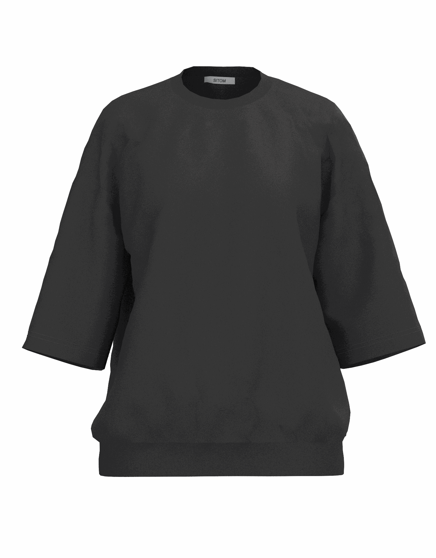 黒の裾リブ付き七分袖綿Tシャツ、スタイリッシュでフィット感良好、日本製